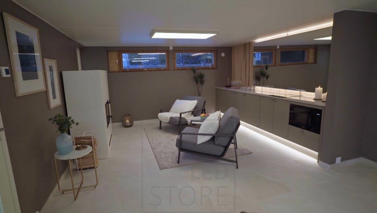 Atmospheric indirect light on the plinth and ceiling. Ledstore.fi